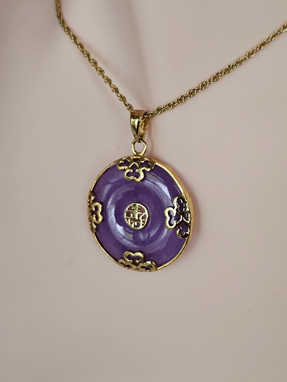 Good Fortune Genuine Purple Jade Donut Pendant Necklace 18k Vermeil 20" - Picture 4 of 5